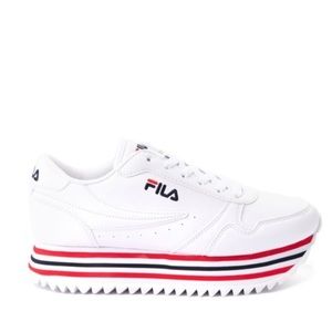 Womens Fila Stripe Athletic Shoe Sneaker White / Navy / Red raised platform base